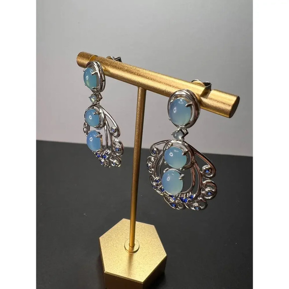 LAB CREATED BLUE SPINEL AND BLUE CHALCEDONY RHODIUM OVER SILVER EARRINGS - Picture 5 of 11